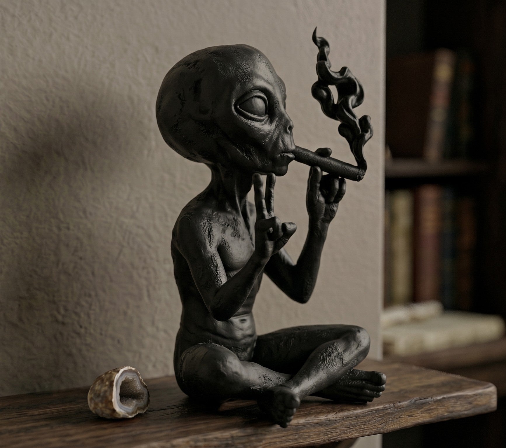 Alien noir fumant-Sculpture de bureau inspirée de la culture pop moderne