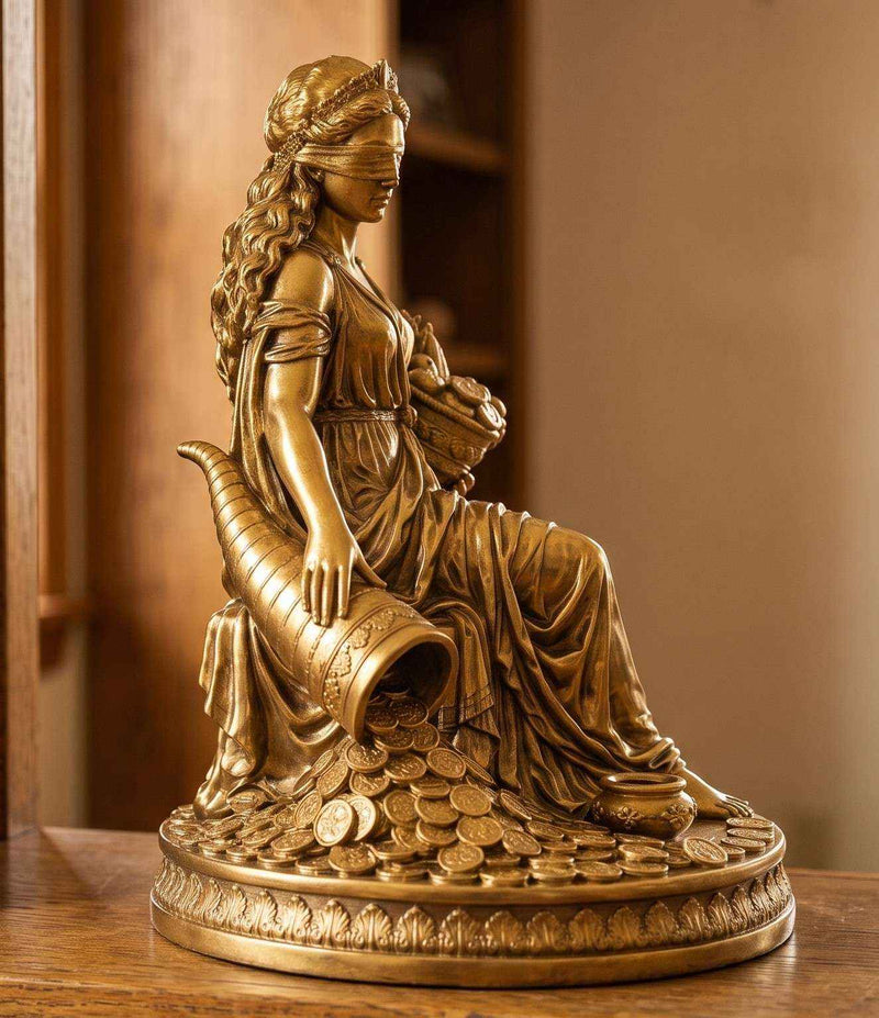 Statua Dea della Fortuna Bendata — Scultura in Resina Effetto Oro con Monete