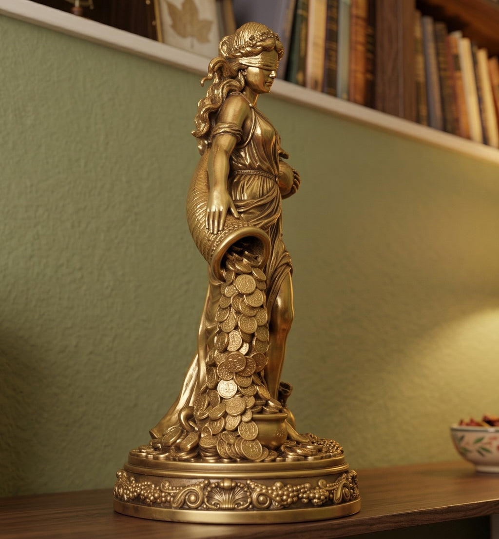 Estátua da Deusa da Fortuna a Despejar Moedas — Escultura em Resina com Efeito Dourado