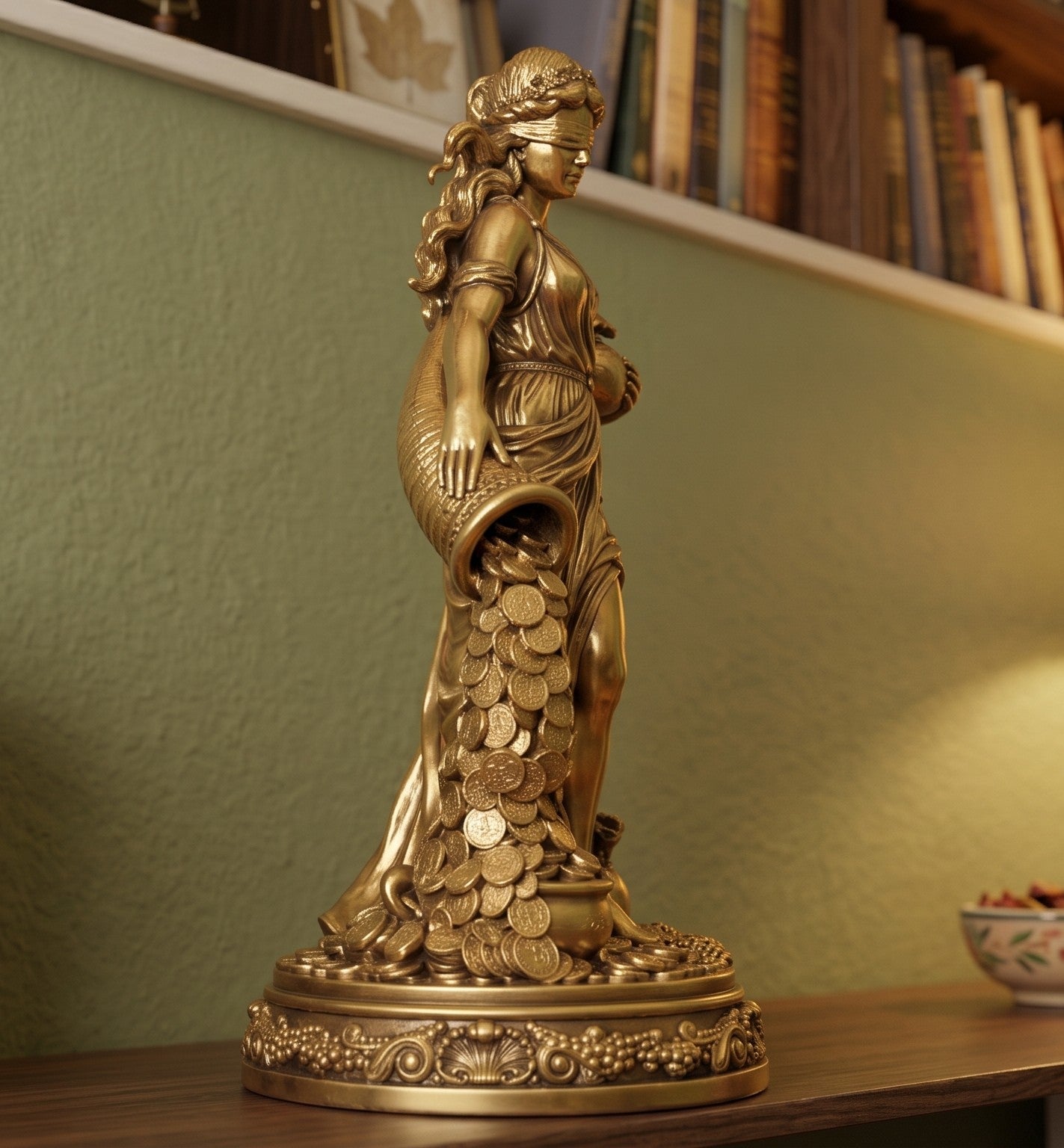 Estátua da Deusa da Fortuna a Despejar Moedas — Escultura em Resina com Efeito Dourado