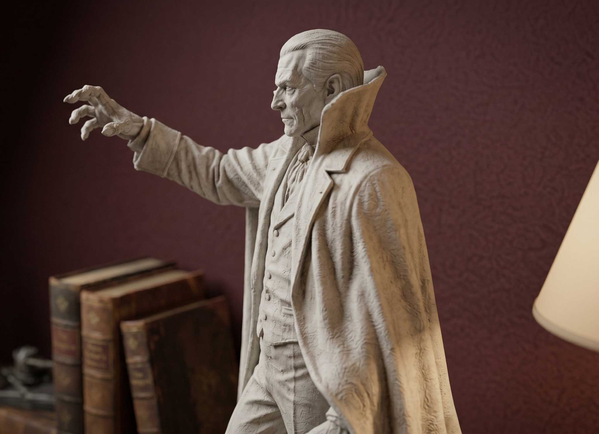 Statua Conte Dracula Vampiro in Resina Effetto Gesso – Scultura Gotica Horror con Mantello e Pipistrello | Arredo Dark Academia