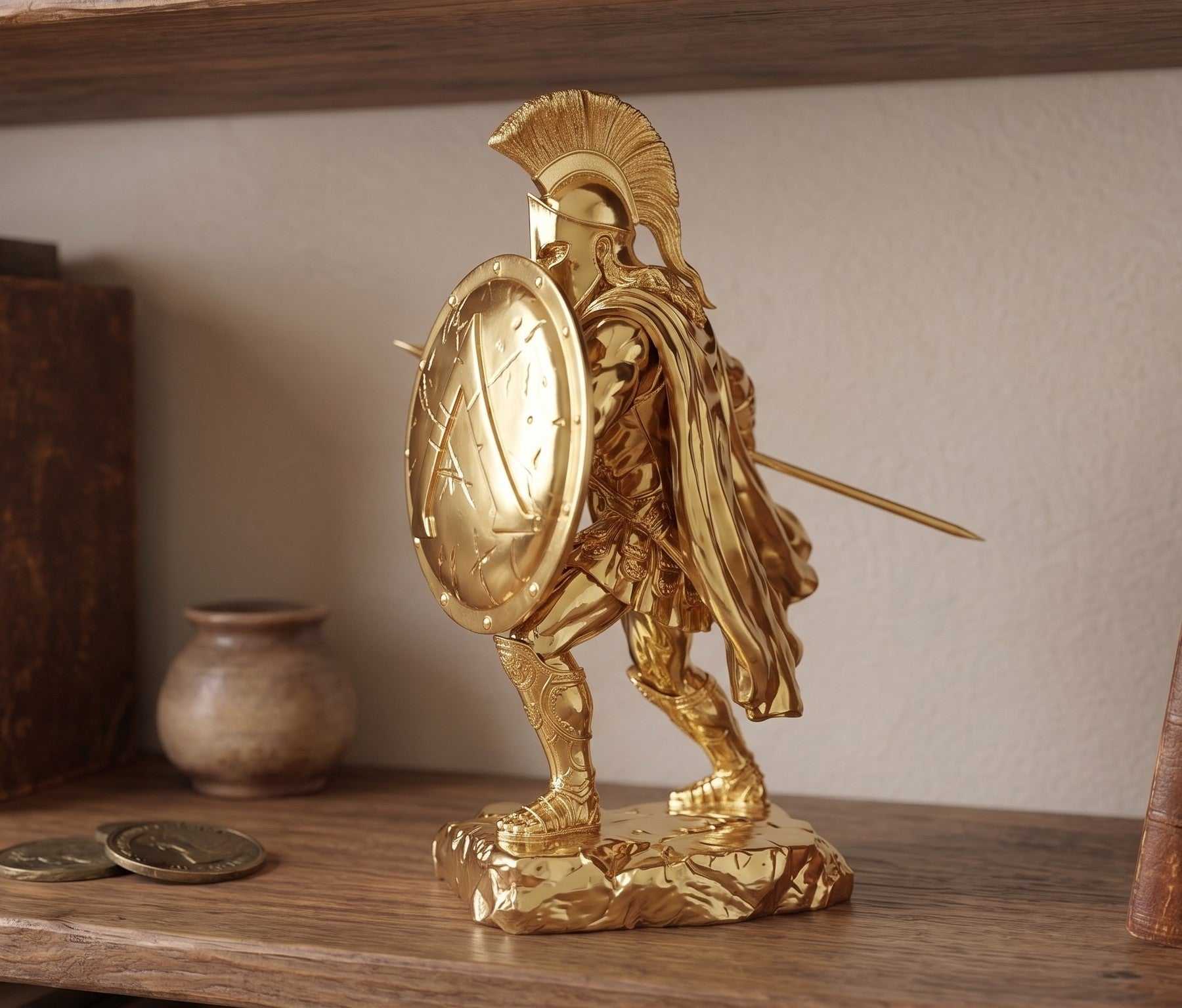 Statuetta Guerriero Spartano in Resina Dorata – Statua Re Leonida con Lancia e Scudo | Arredamento Casa e Studio