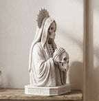 Statua Busto Santa Morte Memento Mori in Resina Effetto Gesso – Scultura Esoterica Gotica Bianca con Teschio e Aureola | Arredo Occulto e Sacro