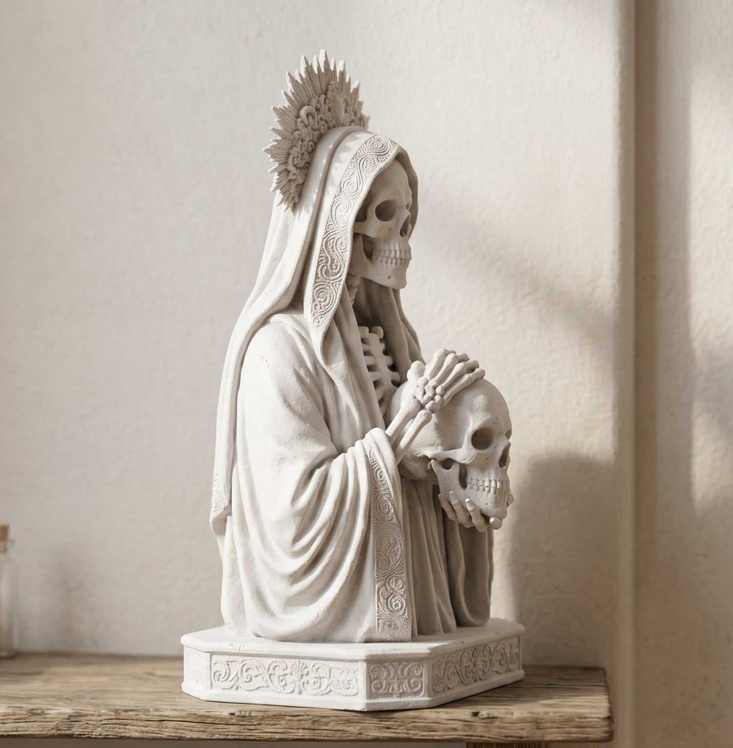 Statua Busto Santa Morte Memento Mori in Resina Effetto Gesso – Scultura Esoterica Gotica Bianca con Teschio e Aureola | Arredo Occulto e Sacro