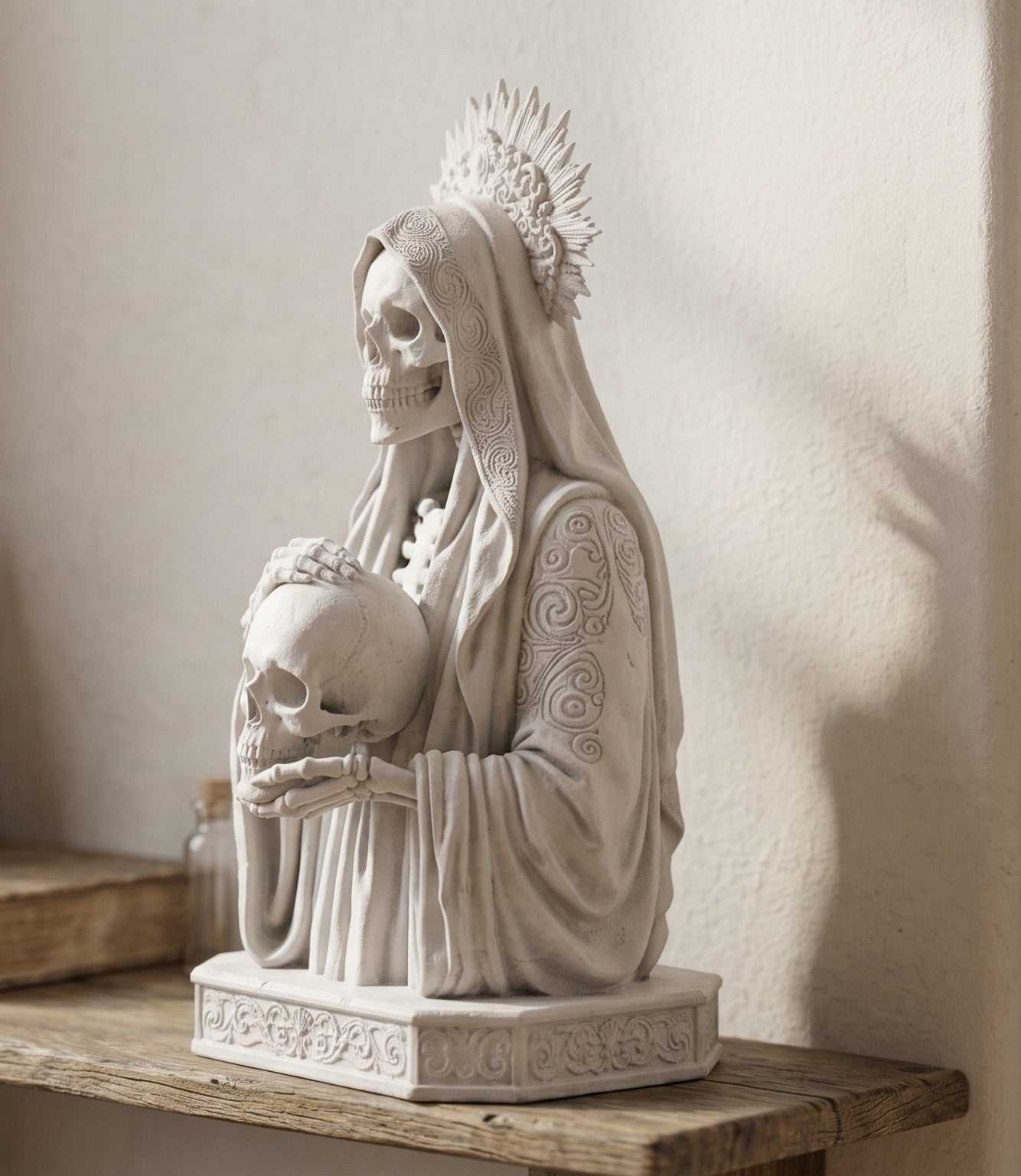 Statua Busto Santa Morte Memento Mori in Resina Effetto Gesso – Scultura Esoterica Gotica Bianca con Teschio e Aureola | Arredo Occulto e Sacro