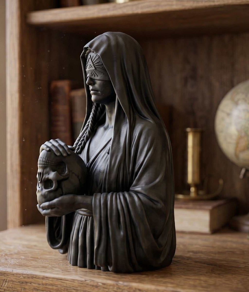 Statua Busto Illuminati Memento Mori in Resina Nera – Scultura Esoterica con Occhio della Provvidenza e Teschio | Arredo Occulto e Dark Academia