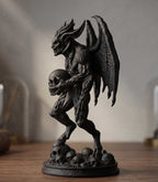 Statua Demone Alato Bafometto in Resina Nera – Scultura Gotica Lucifero con Teschio e Corna | Arredo Esoterico e Occulto