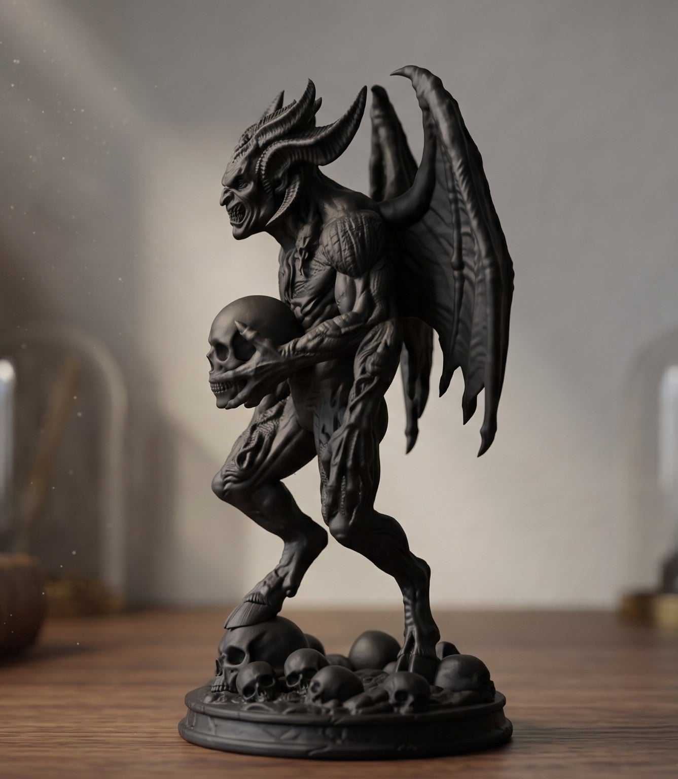 Statua Demone Alato Bafometto in Resina Nera – Scultura Gotica Lucifero con Teschio e Corna | Arredo Esoterico e Occulto
