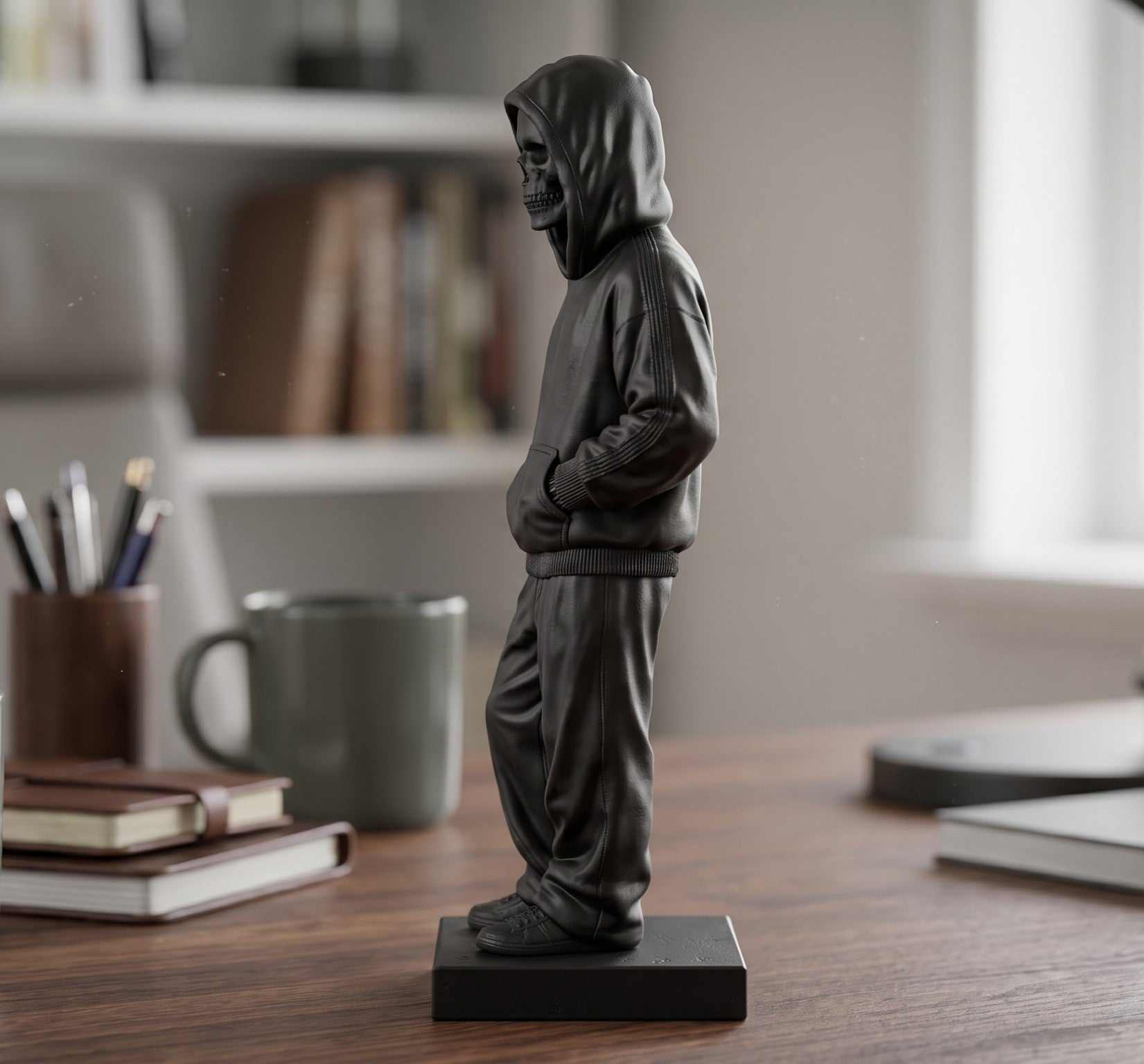 Statua Scheletro Streetwear in Resina Nera – Scultura Ragazzo Chill con Felpa e Cappuccio | Arredo Moderno Urban, Gothic & Desktop