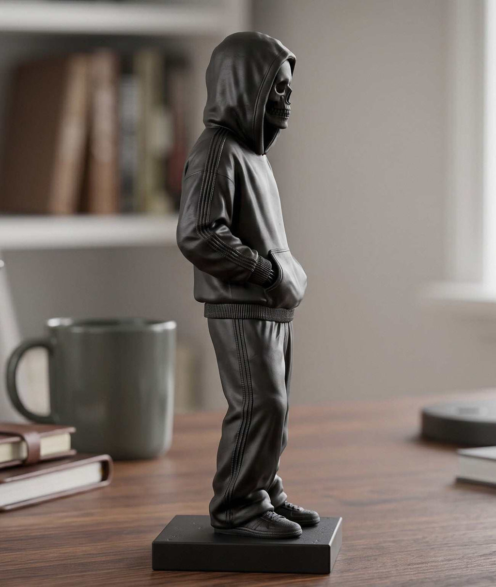 Statua Scheletro Streetwear in Resina Nera – Scultura Ragazzo Chill con Felpa e Cappuccio | Arredo Moderno Urban, Gothic & Desktop
