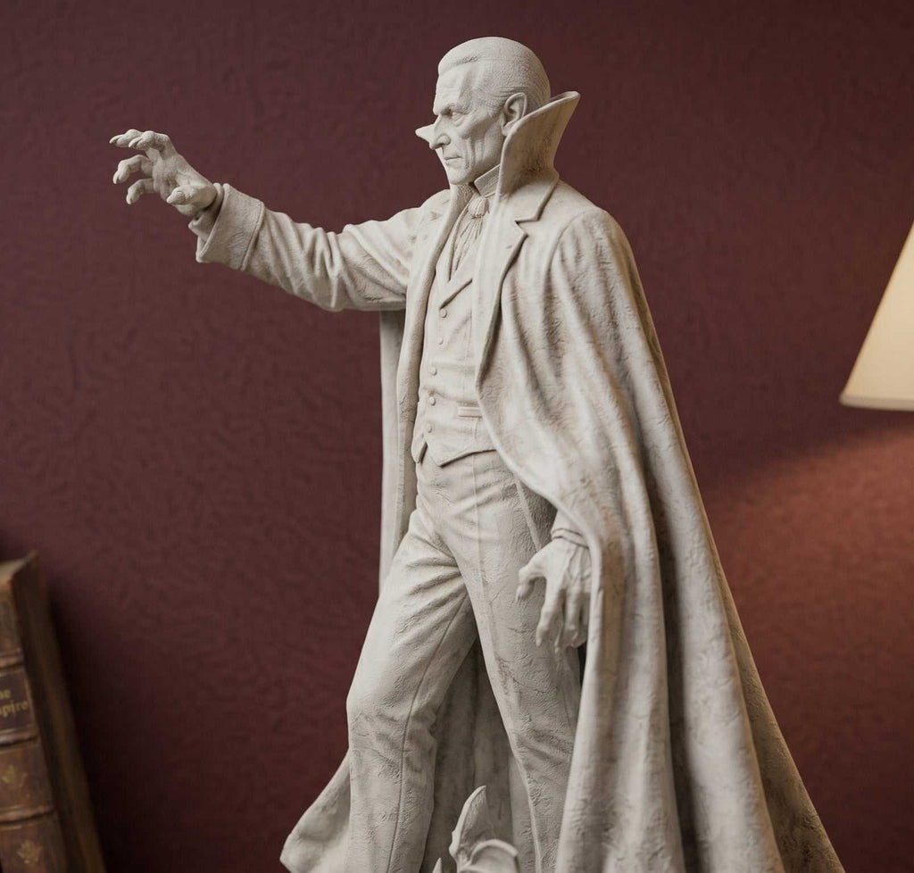 Statua Conte Dracula Vampiro in Resina Effetto Gesso – Scultura Gotica Horror con Mantello e Pipistrello | Arredo Dark Academia