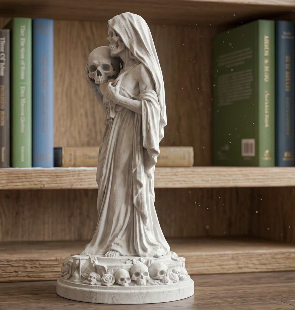 Statua Amore Eterno Memento Mori in Resina Effetto Gesso – Scultura Gotica Neoclassica "Eternal Love" con Teschi, Rose e Clessidra | Arredo Dark Academia