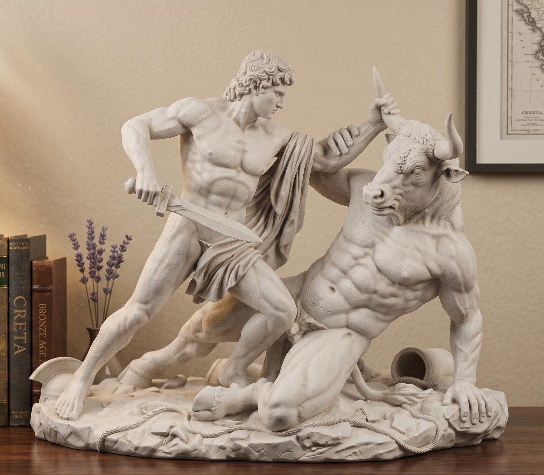 Thésée et le Minotaure : une sculpture en résine effet plâtre inspirée de la mythologie grecque classique | Décoration