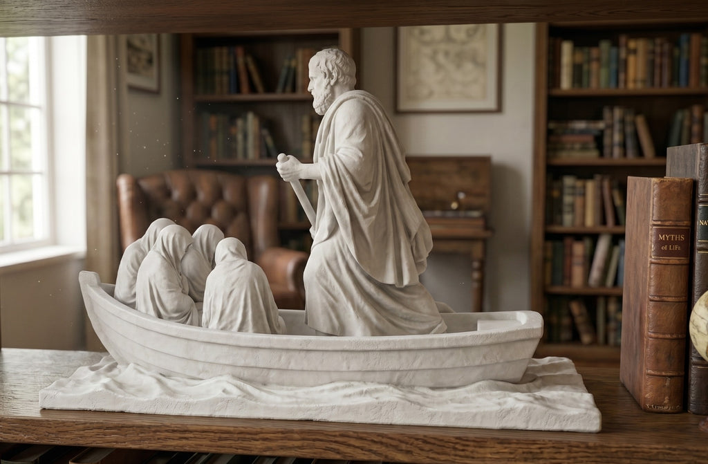 Caronte The Last Journey in Resina Effetto Gesso | Scultura Mitologica Barca e Anime da Collezione