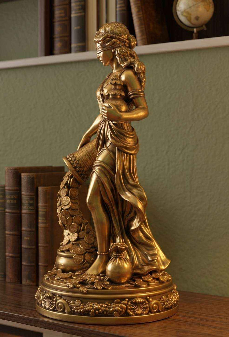 Statua Dea della Fortuna che Versa Monete — Scultura in Resina Effetto Oro