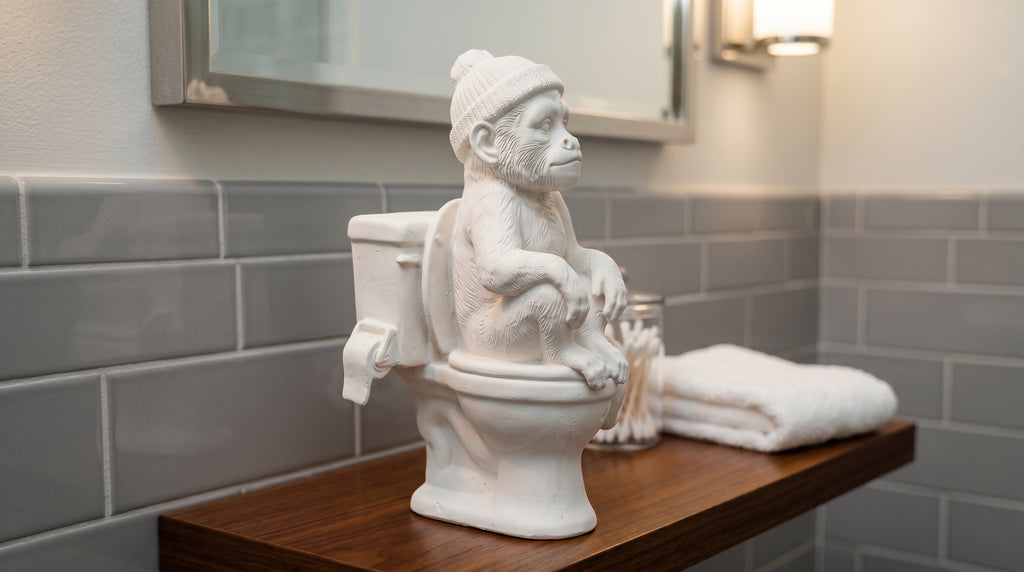 Statue de singe sur les toilettes en résine effet plâtre–Décoration de salle de bain amusante et originale