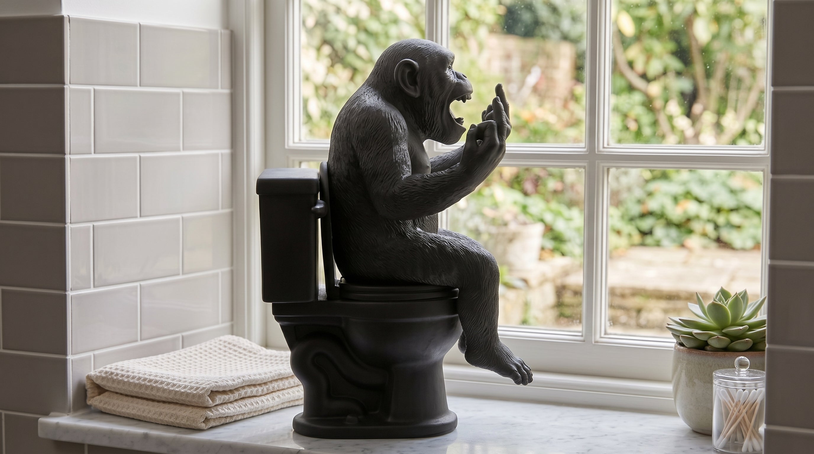 Statua di Scimmia dito medio sul WC in Resina Nera – Decorazione Bagno Ironica e Originale