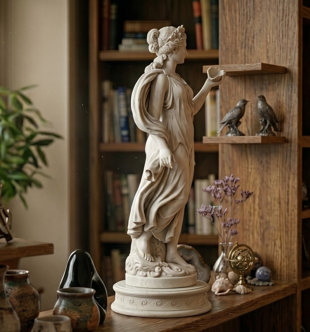 "Afrodite/Vénus" em resina com efeito de gesso branco - Escultura greco-romana clássica com concha e manto esvoaçante - Ornamento de arte clássica com base gravada para casa e estúdio