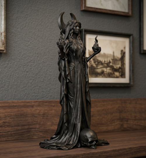 "Hécate" em resina preta acetinada - Escultura da Deusa da Magia e da Lua com tochas flamejantes e crânio - Ornamento gótico pagão Wicca para casa e altar
