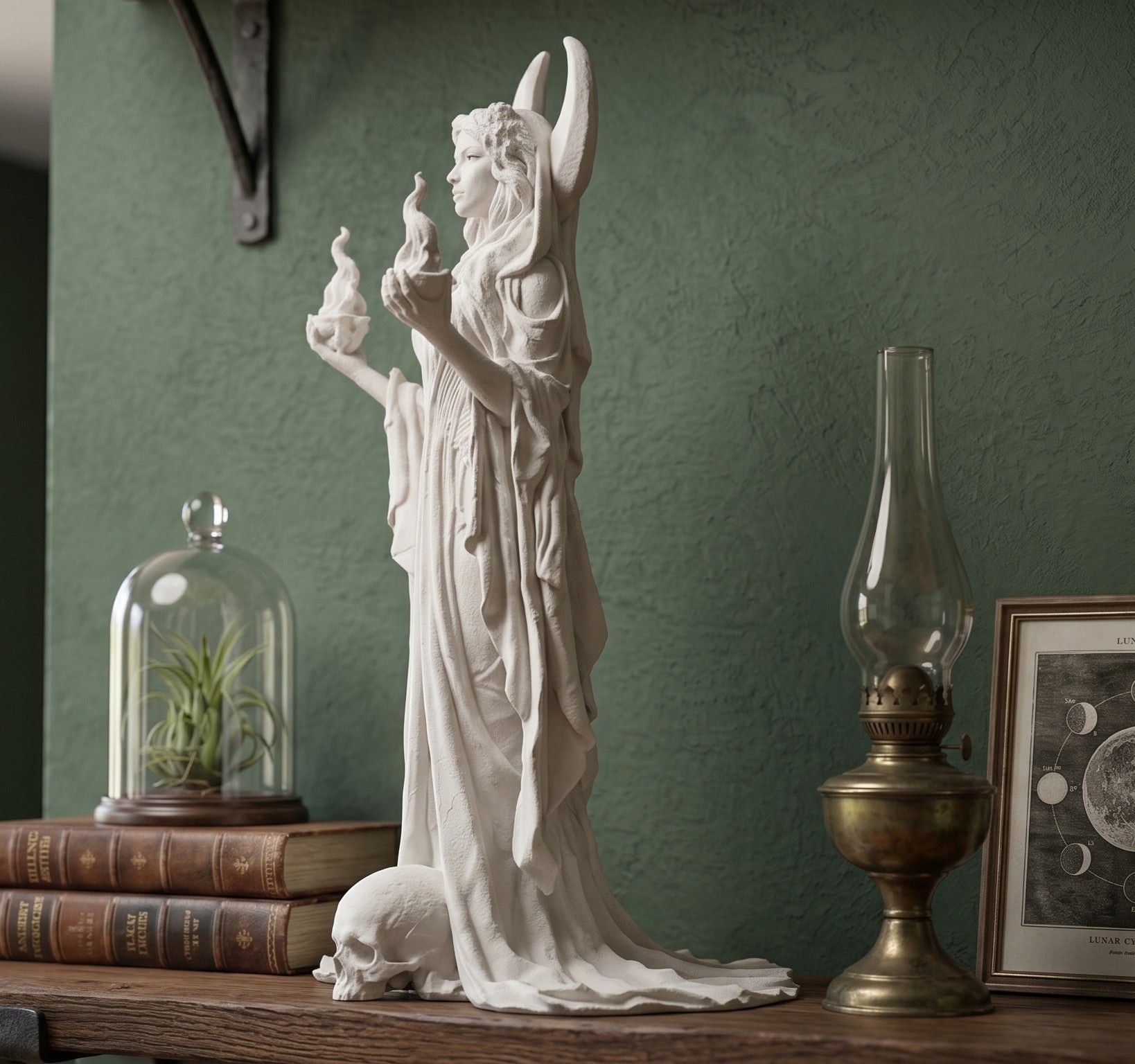 "Hécate" em resina com efeito de gesso branco - Escultura clássica da Deusa da Lua e da Magia com tochas flamejantes e crânio - Ornamento artístico, Wicca e decoração para casa e altar