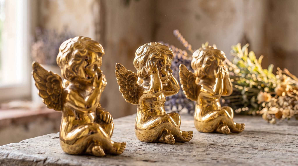 Set 3 Angioletti Dorati "Non Vedo, Non Sento, Non Parlo" – Statuette in Oro Lucido Barocco e Glamour