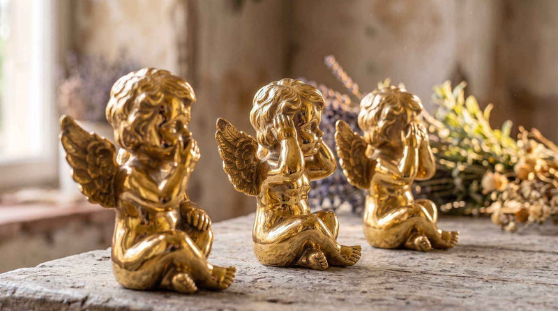 Set 3 Angioletti Dorati "Non Vedo, Non Sento, Non Parlo" – Statuette in Oro Lucido Barocco e Glamour