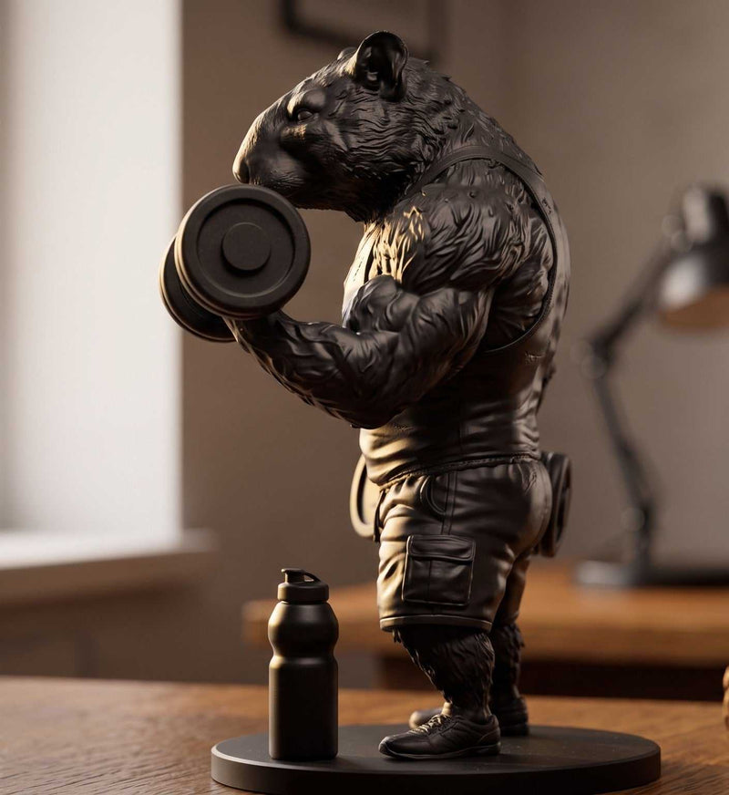 Statua Ratto da Palestra in resina nera opaca con ratto muscoloso che solleva manubri, design fitness per home gym e ufficio.