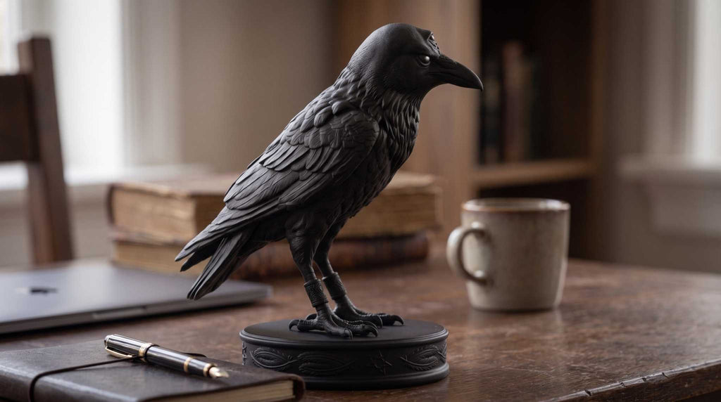 Statuetta di Corvo Nero con Tre Occhi, Elegante Scultura Gotica per Arredamento Casa