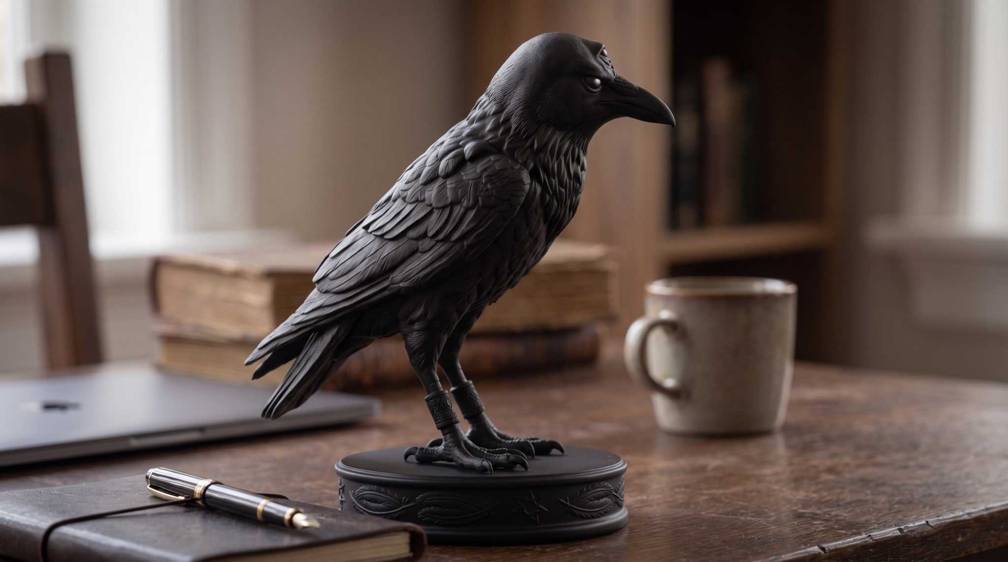 Statuetta di Corvo Nero con Tre Occhi, Elegante Scultura Gotica per Arredamento Casa
