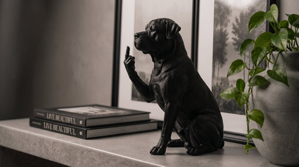 Statuetta cane Rottweiler in resina nera, design elegante e fedele, decorazione fatta a mano in Italia.