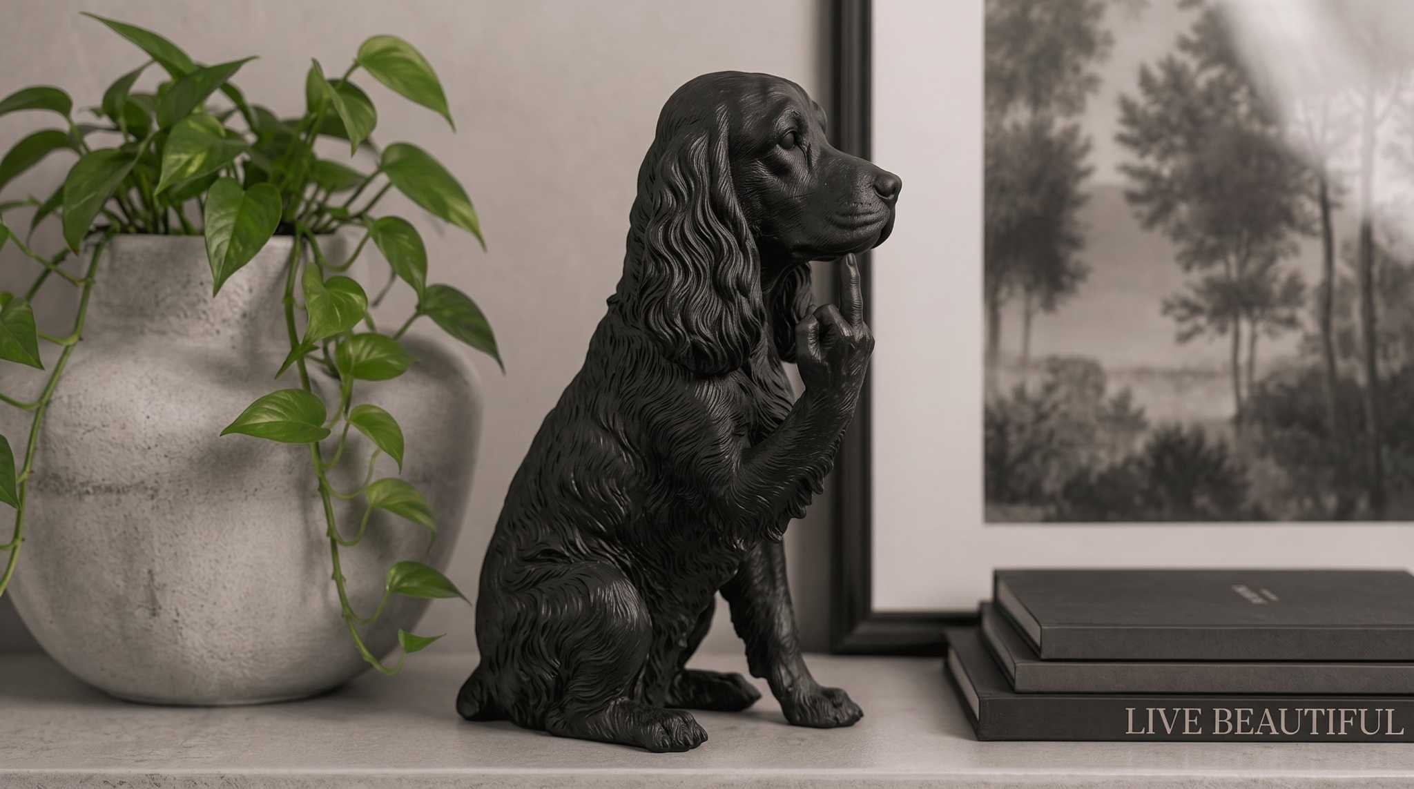Statuetta Cocker Spaniel in resina nera, design elegante e dettagli artigianali.