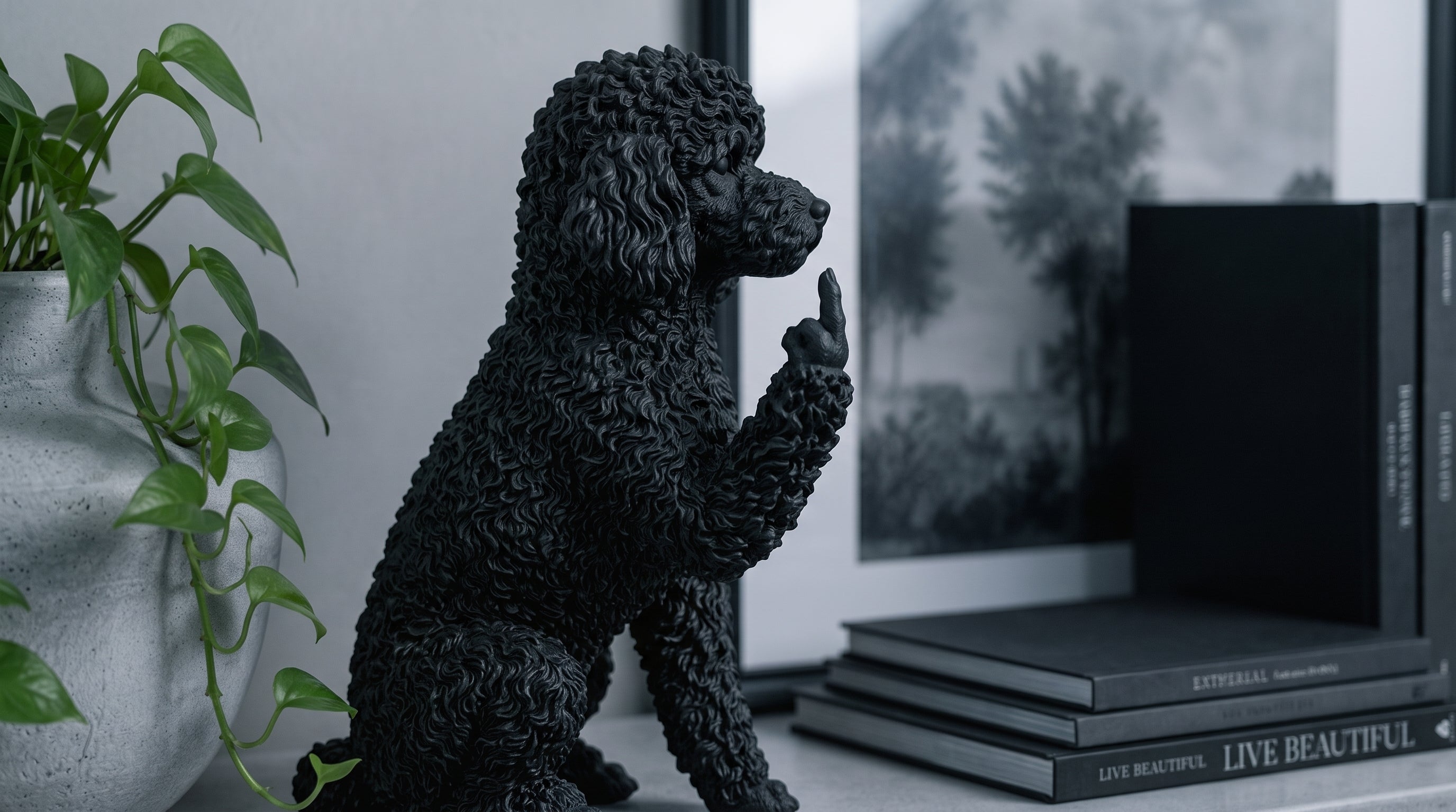 Statuetta Barboncino Toy in resina nera, elegante e vivace, design italiano fatto a mano