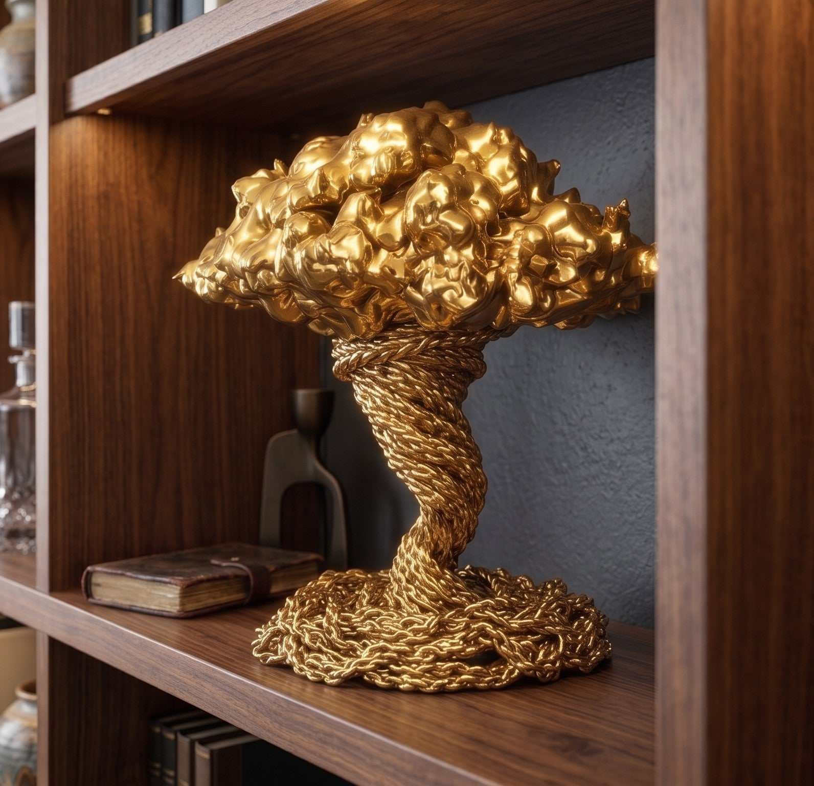 Scultura dorata decorativa in resina a forma di tempesta astratta con finitura lucida