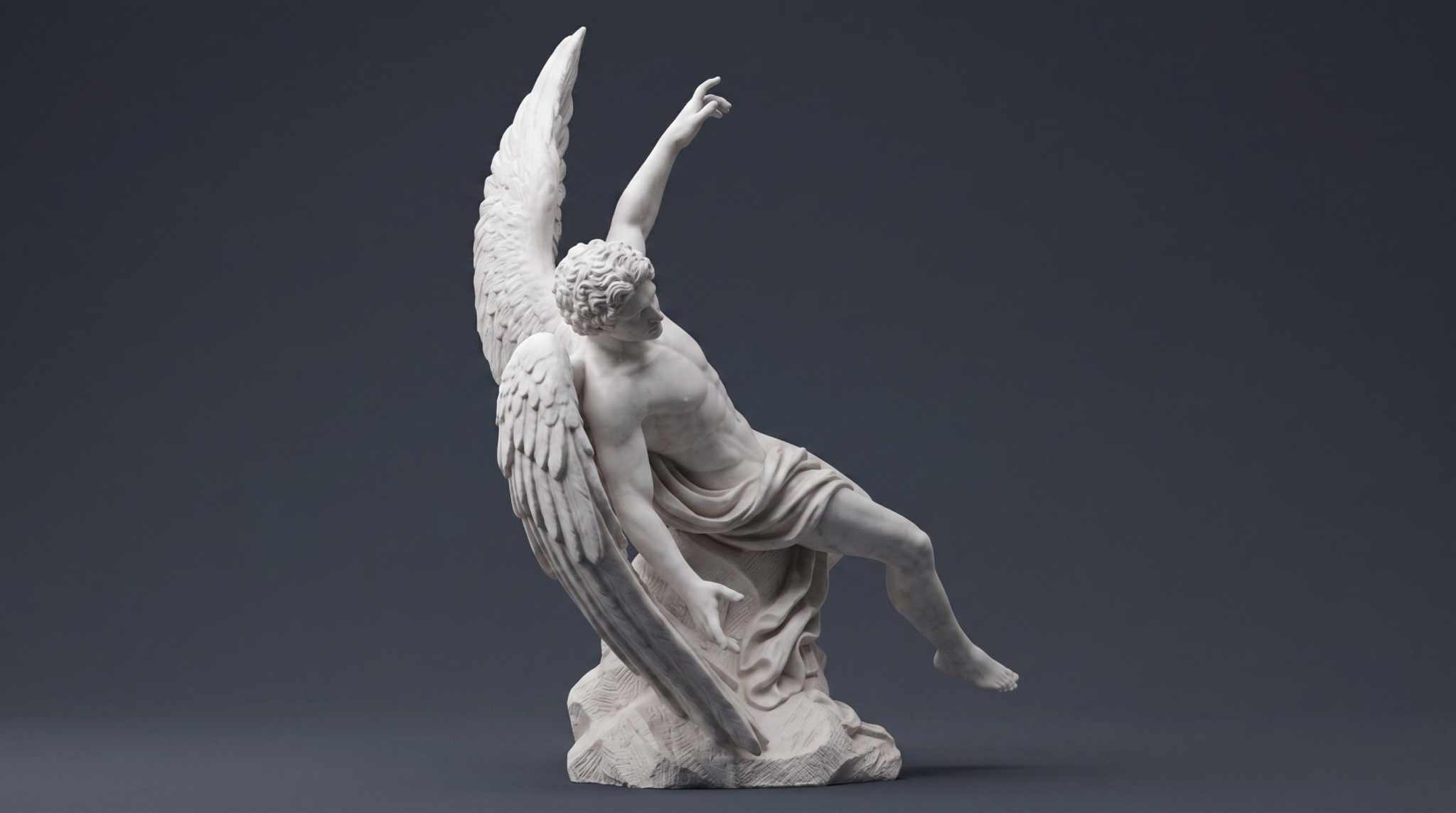 Statua di Angelo cadente in gesso bianco effetto marmo con dettagli classici e design minimalista
