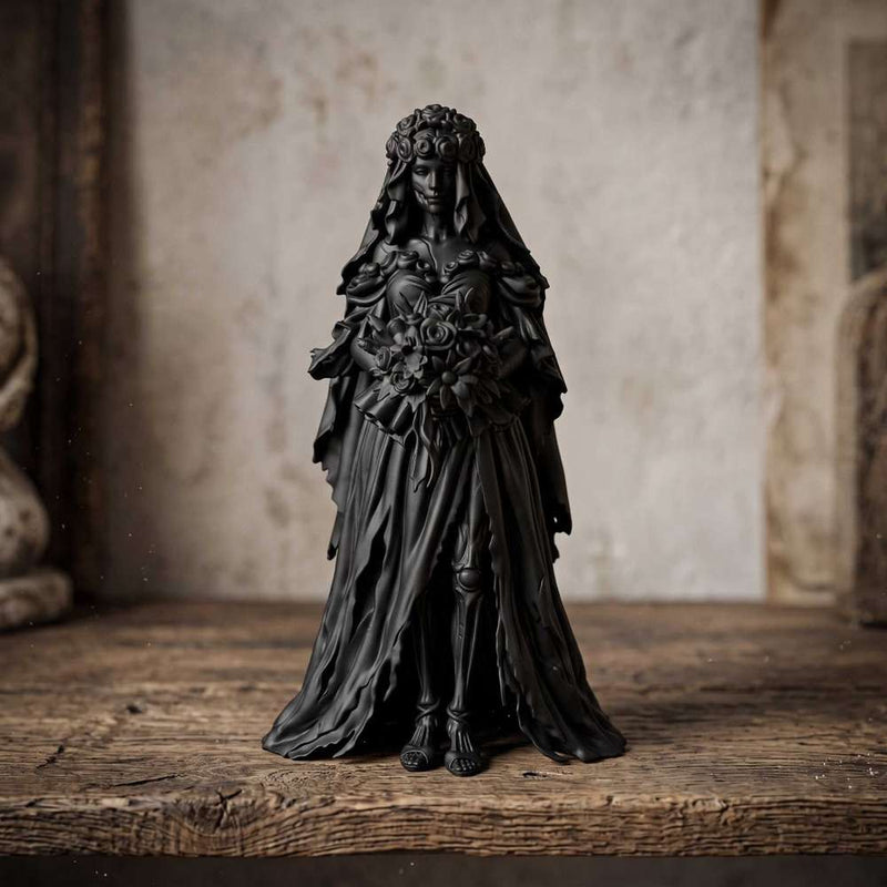 Statua in resina di sposa cadavere gotica con velo scuro e fiori, stile dark fantasy elegante e malinconico
