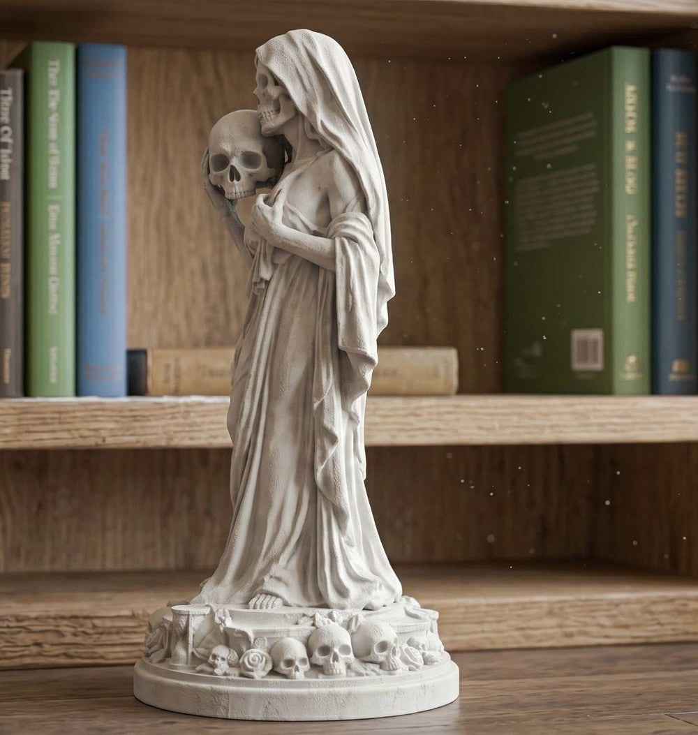 Statua Amore Eterno Memento Mori in Resina Effetto Gesso – Scultura Gotica Neoclassica "Eternal Love" con Teschi, Rose e Clessidra | Arredo Dark Academia