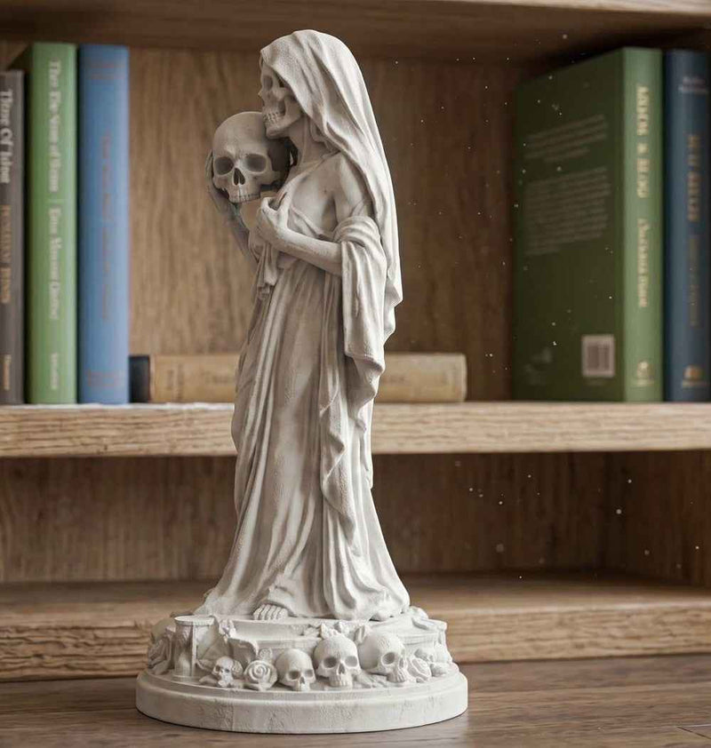Statua Amore Eterno Memento Mori in Resina Effetto Gesso – Scultura Gotica Neoclassica "Eternal Love" con Teschi, Rose e Clessidra | Arredo Dark Academia