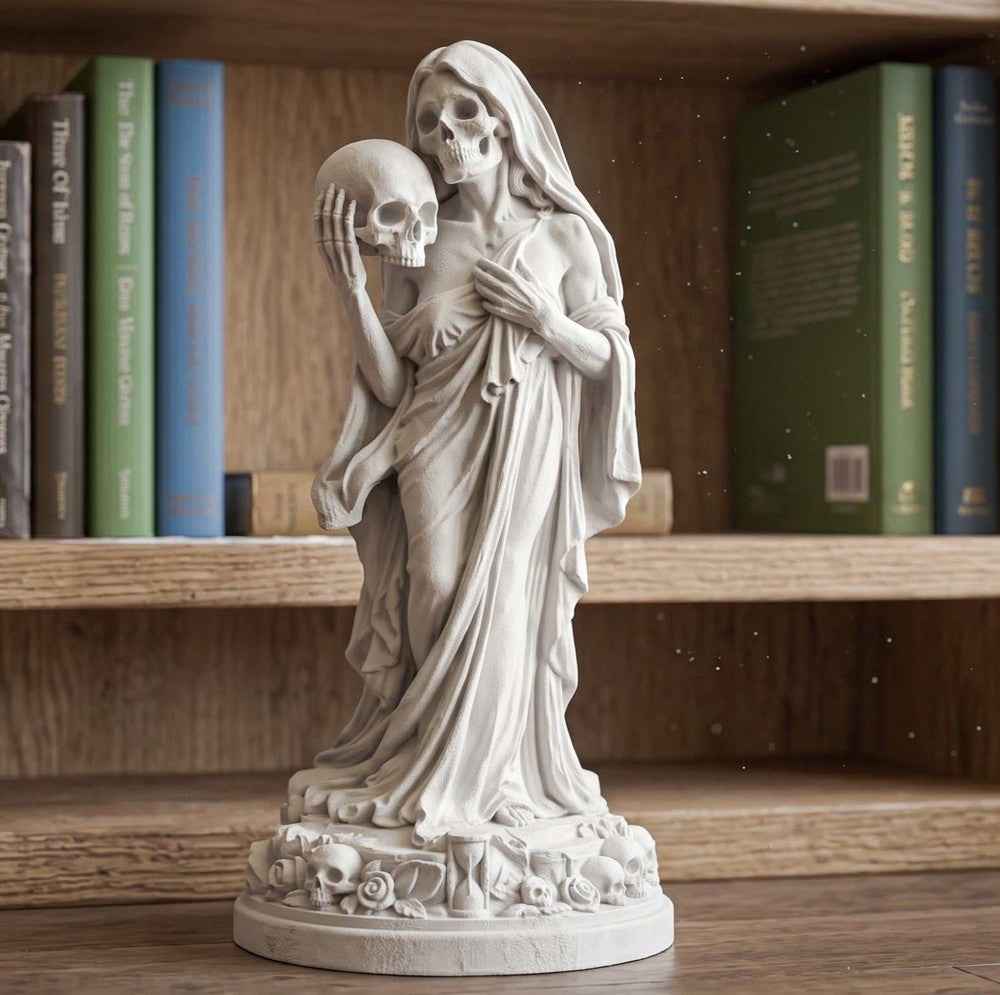 Statua Amore Eterno Memento Mori in Resina Effetto Gesso – Scultura Gotica Neoclassica "Eternal Love" con Teschi, Rose e Clessidra | Arredo Dark Academia