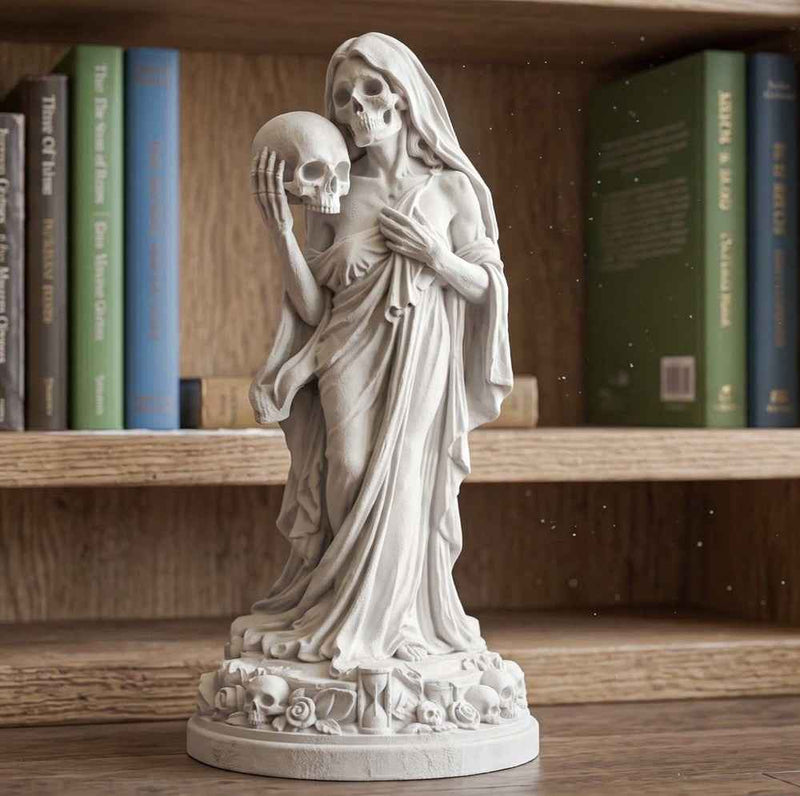 Statua Amore Eterno Memento Mori in Resina Effetto Gesso – Scultura Gotica Neoclassica "Eternal Love" con Teschi, Rose e Clessidra | Arredo Dark Academia