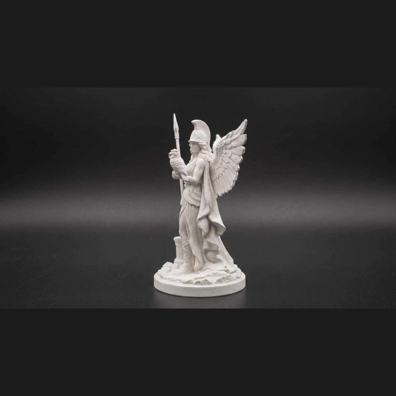 Geflügelte Athene-Statue mit Eule und Speer – Skulptur der Göttin der Weisheit aus weißem Gipsoptik-Harz – Klassische Einrichtung und griechische Mythologie