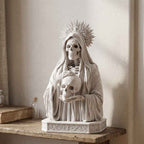 Statua Busto Santa Morte Memento Mori in Resina Effetto Gesso – Scultura Esoterica Gotica Bianca con Teschio e Aureola | Arredo Occulto e Sacro