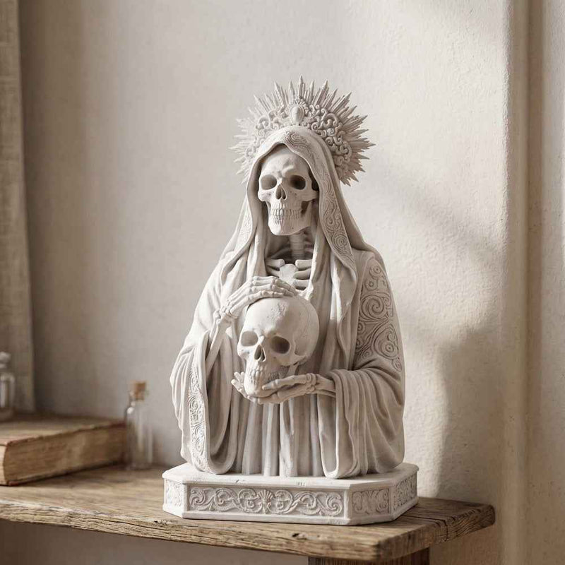 Statua Busto Santa Morte Memento Mori in Resina Effetto Gesso – Scultura Esoterica Gotica Bianca con Teschio e Aureola | Arredo Occulto e Sacro