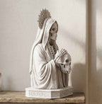 Statua Busto Santa Morte Memento Mori in Resina Effetto Gesso – Scultura Esoterica Gotica Bianca con Teschio e Aureola | Arredo Occulto e Sacro