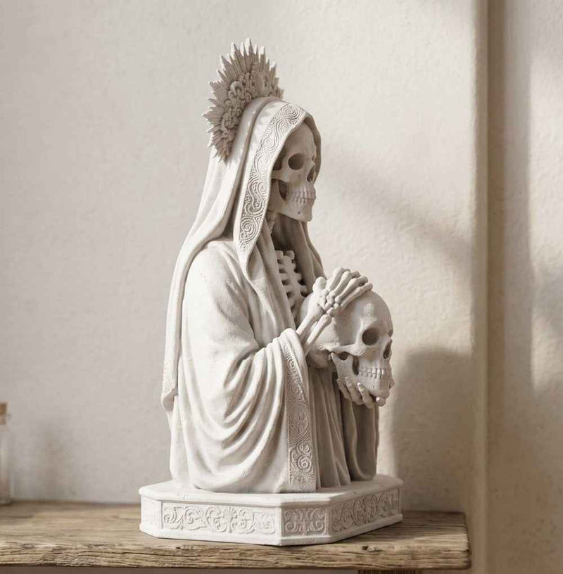 Statua Busto Santa Morte Memento Mori in Resina Effetto Gesso – Scultura Esoterica Gotica Bianca con Teschio e Aureola | Arredo Occulto e Sacro