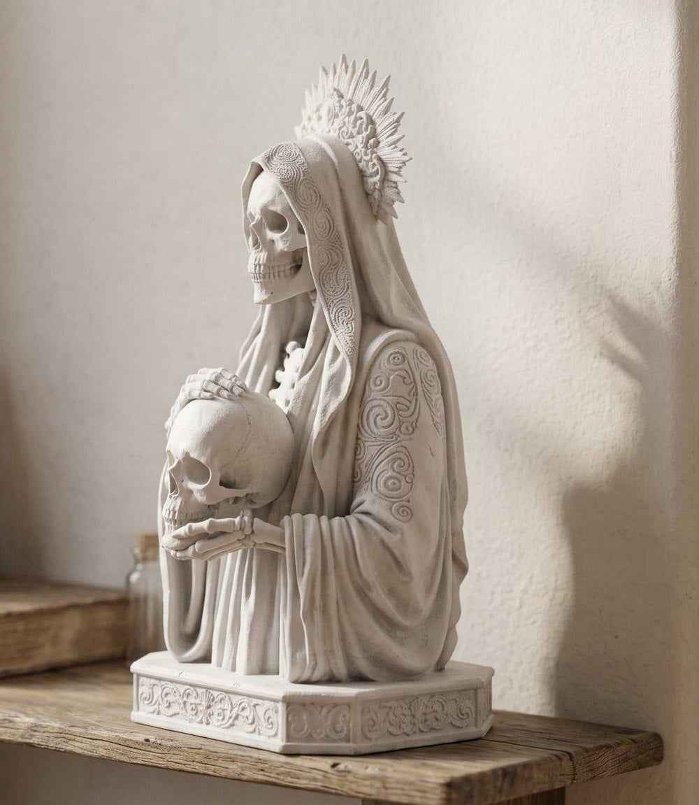 Statua Busto Santa Morte Memento Mori in Resina Effetto Gesso – Scultura Esoterica Gotica Bianca con Teschio e Aureola | Arredo Occulto e Sacro