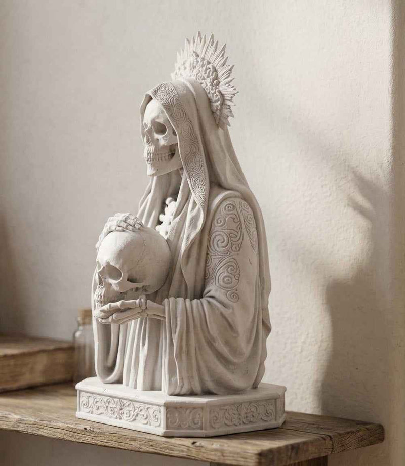 Statua Busto Santa Morte Memento Mori in Resina Effetto Gesso – Scultura Esoterica Gotica Bianca con Teschio e Aureola | Arredo Occulto e Sacro
