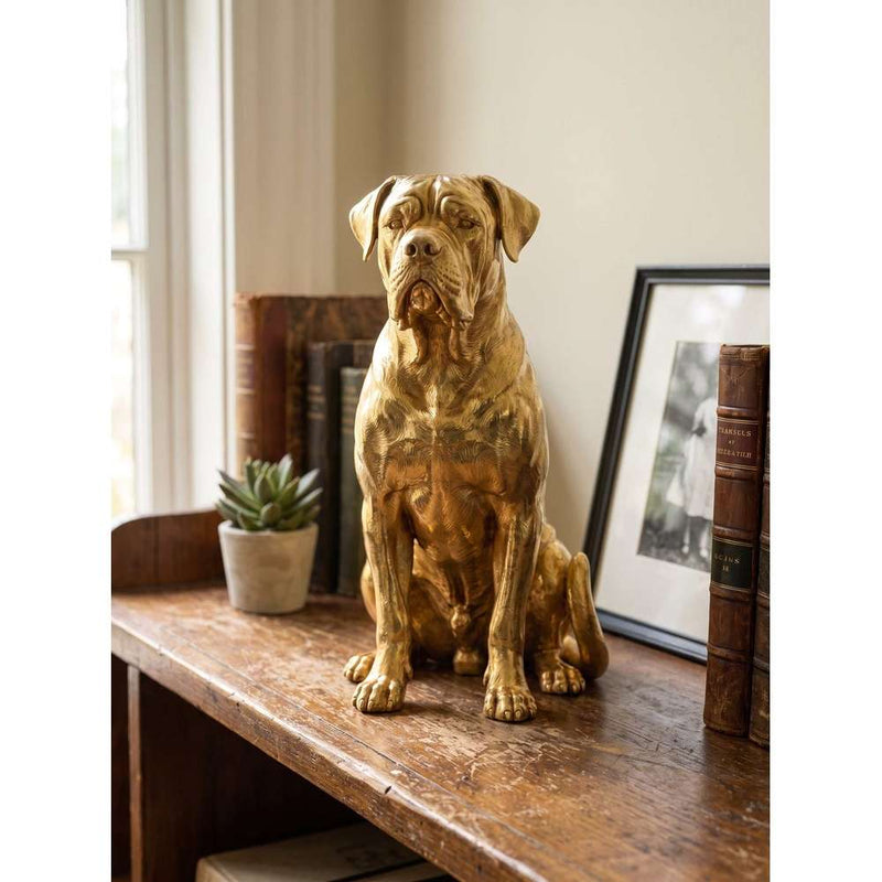 Statua cane corso dorata in resina con finitura metallizzata a specchio per arredamento di lusso
