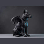 Statua cane gotico gargoyle in resina nera opaca con ali da pipistrello e collare borchiato