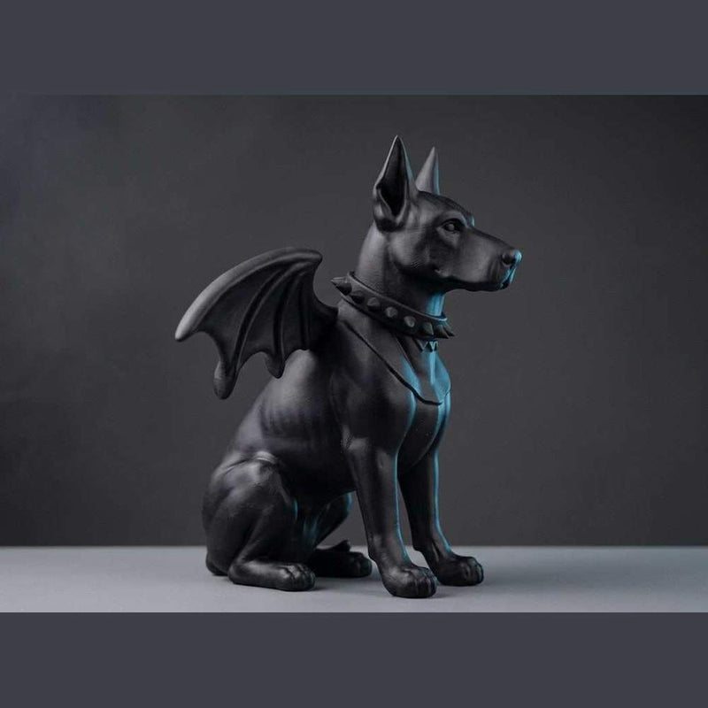 Statua cane gotico gargoyle in resina nera opaca con ali da pipistrello e collare borchiato