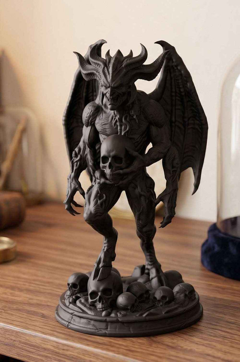 Statua Demone Alato Bafometto in Resina Nera – Scultura Gotica Lucifero con Teschio e Corna | Arredo Esoterico e Occulto